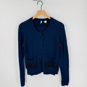 Anthropologie Moth Snail Pocket Cardigan Size M Whimsical Cottagecore Navy